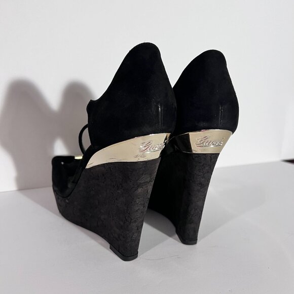 Gucci by Tom Ford Cork Wedge Black Suede Silver Logo Heels Sz 8 - Picture 2 of 16